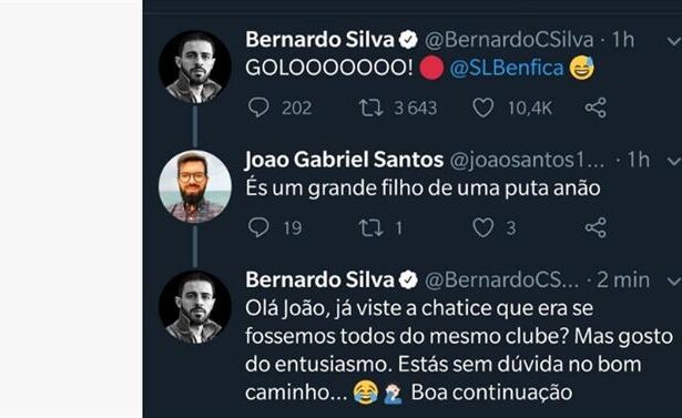 Bernardo Silva festeja golo do Benfica e &Atilde;&copy; insultado, mas responde com educa&Atilde;&sect;&Atilde;&pound;o